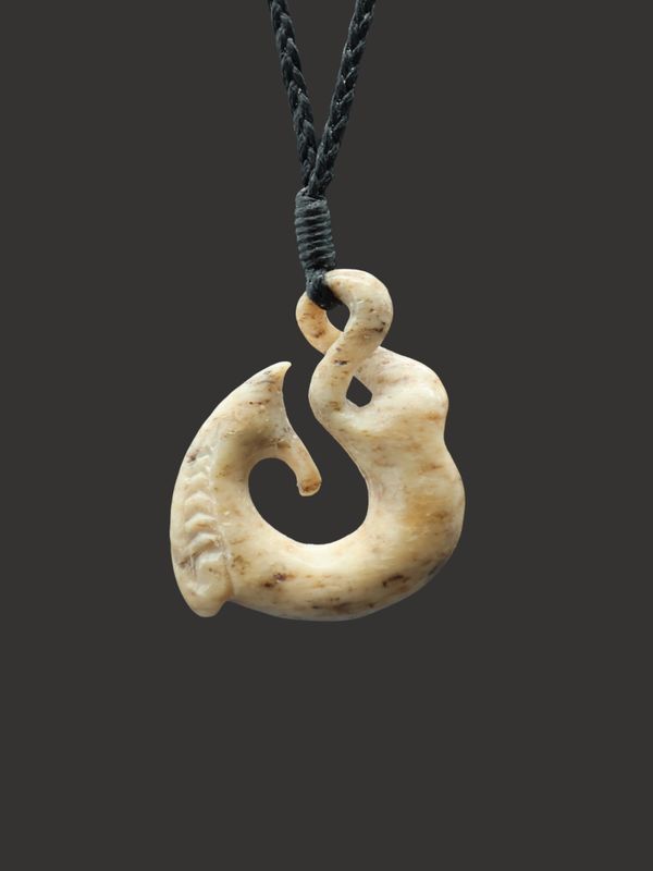Moko Pounamu Hei Matau (Hook) & Pikorua (Twist) Whale Bone Carving - Pouerua