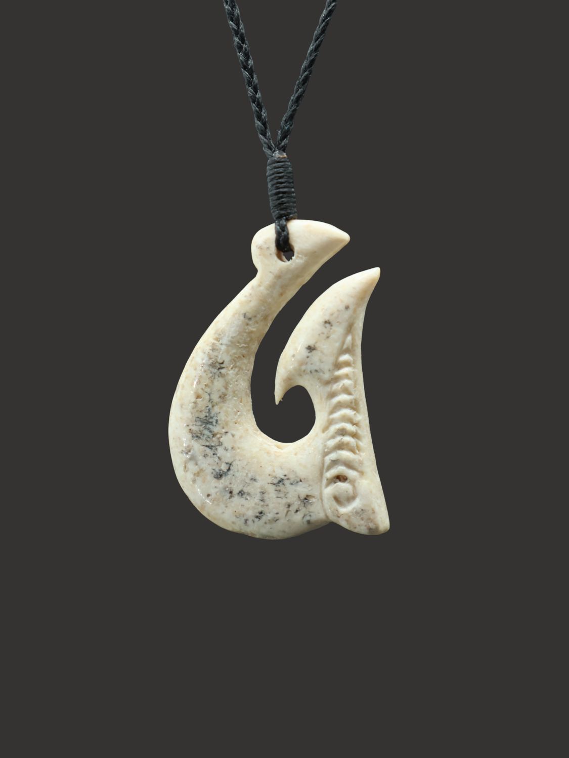 Moko Pounamu Hei Matau (Hook) Whale Bone Carving - Whakatu