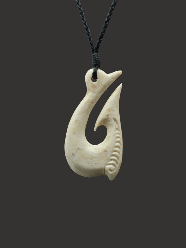 Moko Pounamu Hei Matau (Hook) Whale Bone Carving - Whakamoa