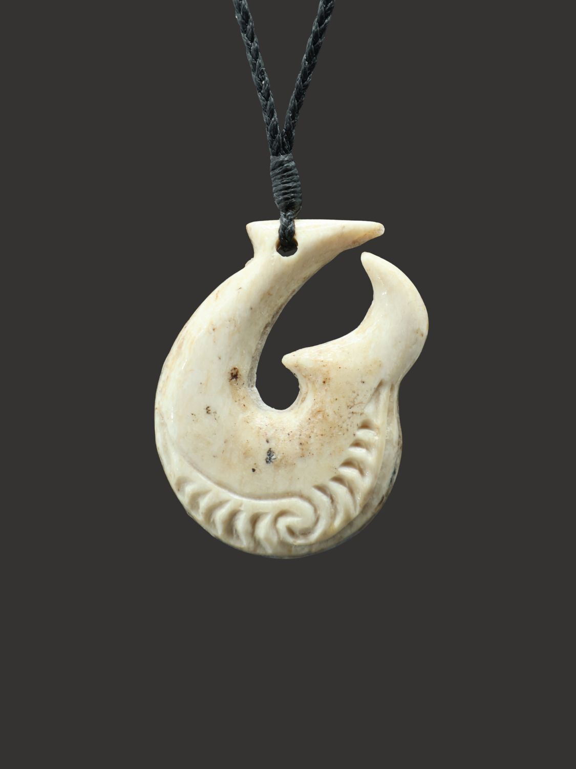 Moko Pounamu Hei Matau (Hook) Whale Bone Carving - Hikuika