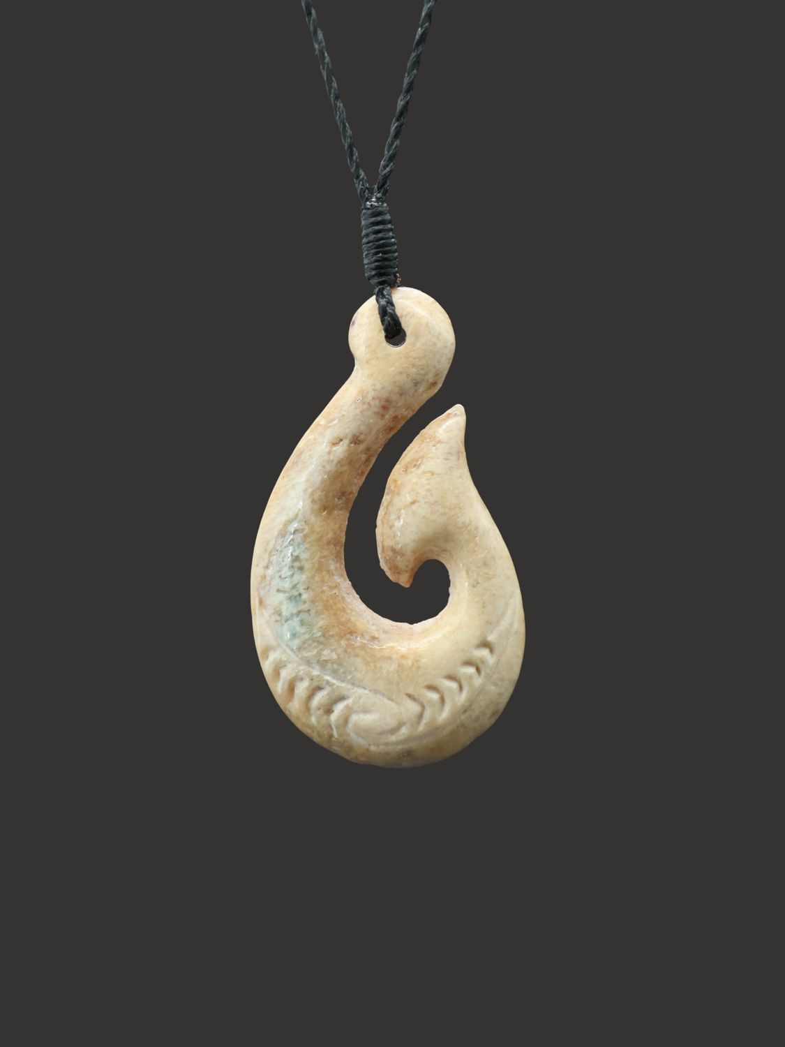 Moko Pounamu Hei Matau (Hook) Whale Bone Carving - Waipuna
