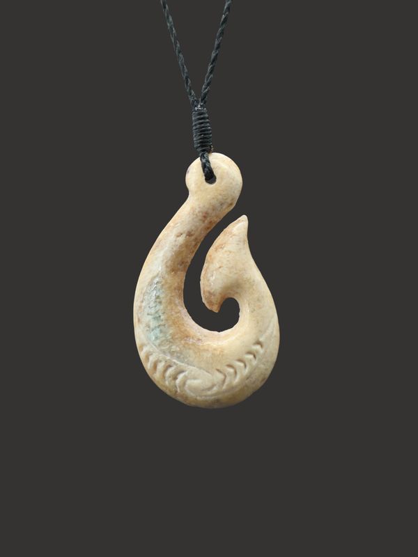 Moko Pounamu Hei Matau (Hook) Whale Bone Carving - Waipuna