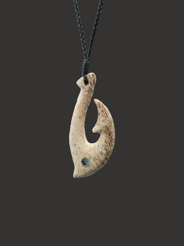 Moko Pounamu Hei Matau (Hook) Whale Bone Carving - Otipua