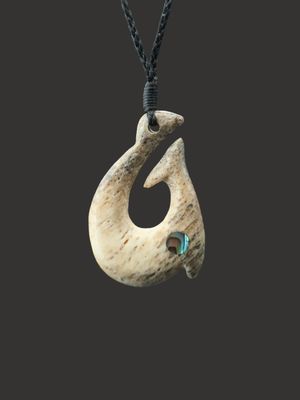 Moko Pounamu Hei Matau (Hook) Whale Bone Carving - Okia