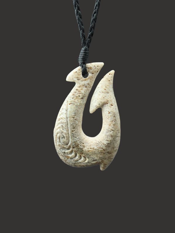 Moko Pounamu Hei Matau (Hook) Whale Bone Carving - Mapoutahi