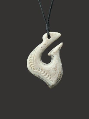Moko Pounamu Hei Matau (Hook) Whale Bone Carving - Kirimoko