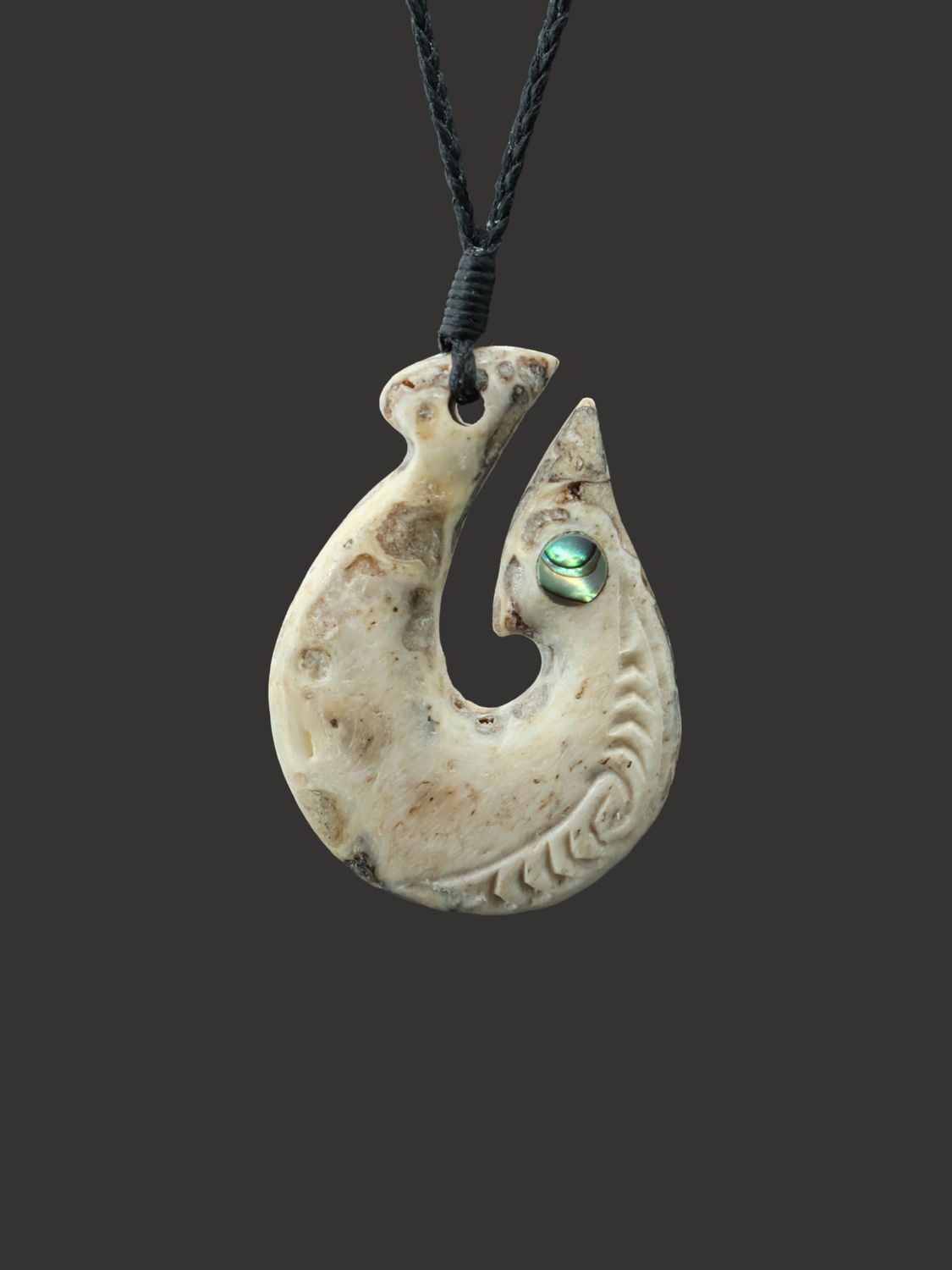 Moko Pounamu Hei Matau (Hook) Whale Bone Carving - Wharekakahu