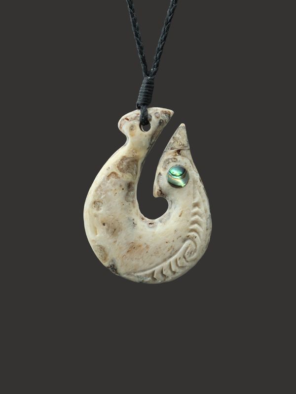 Moko Pounamu Hei Matau (Hook) Whale Bone Carving - Wharekakahu