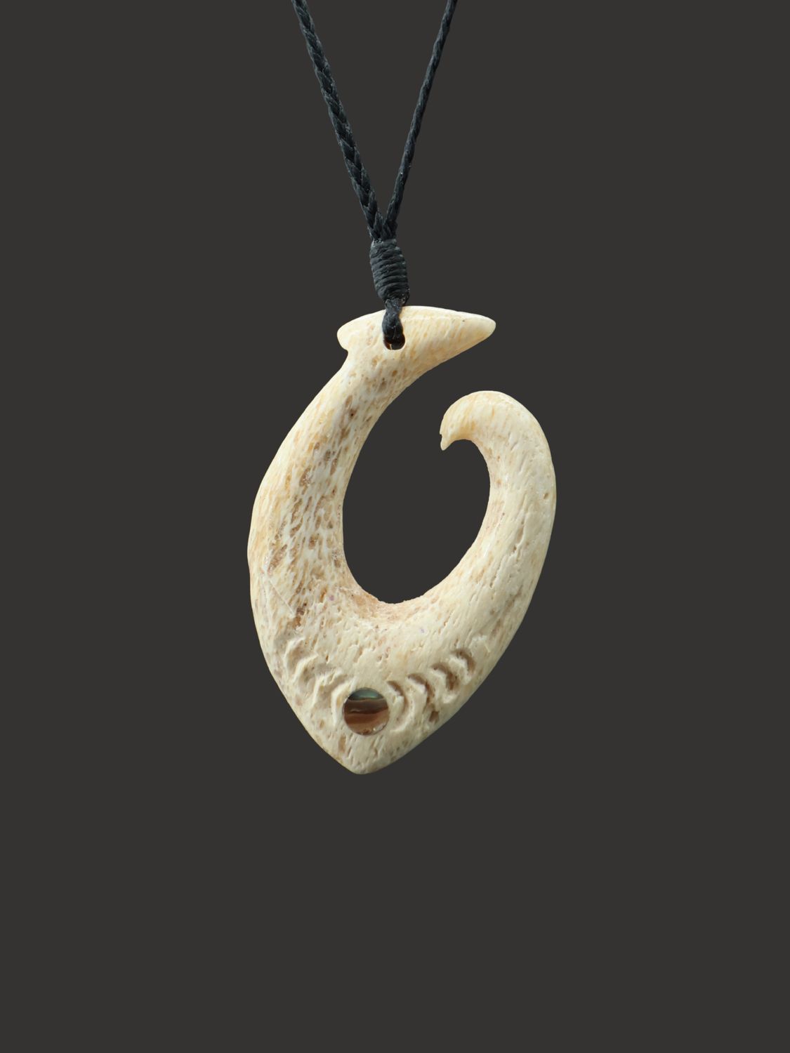 Moko Pounamu Hei Matau (Hook) Whale Bone Carving - Irihuka