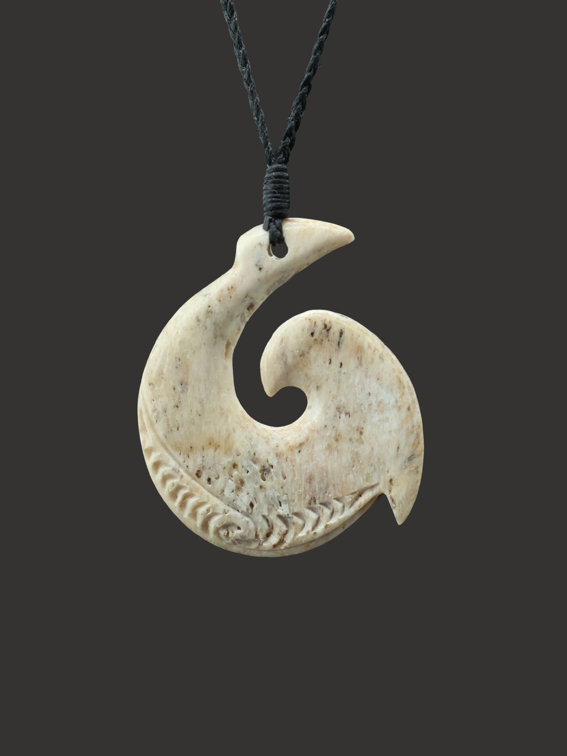 Moko Pounamu Hei Matau (Hook) Whale Bone Carving - Waipapa