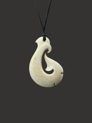 Moko Pounamu Hei Matau (Hook) Whale Bone Carving - Papatieke