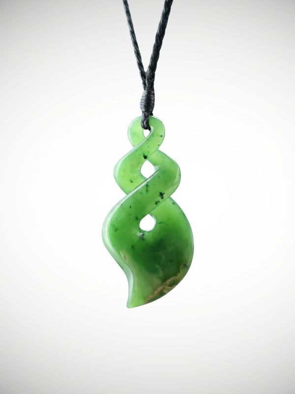 Moko Pounamu Double Pikorua (Twist) NZ Genuine Kahurangi Flower Greenstone - Kuramatakitaki