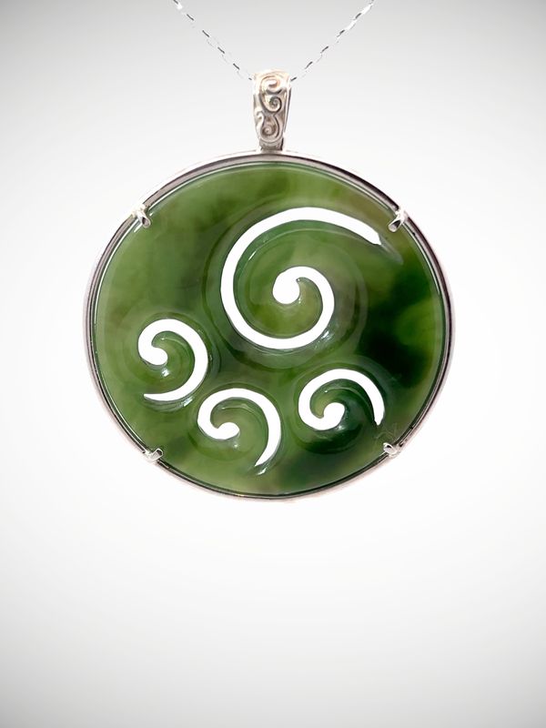 Moko Pounamu Porohita (Disc) Koru NZ Genuine Auhunga Greenstone & Silver - Herutui