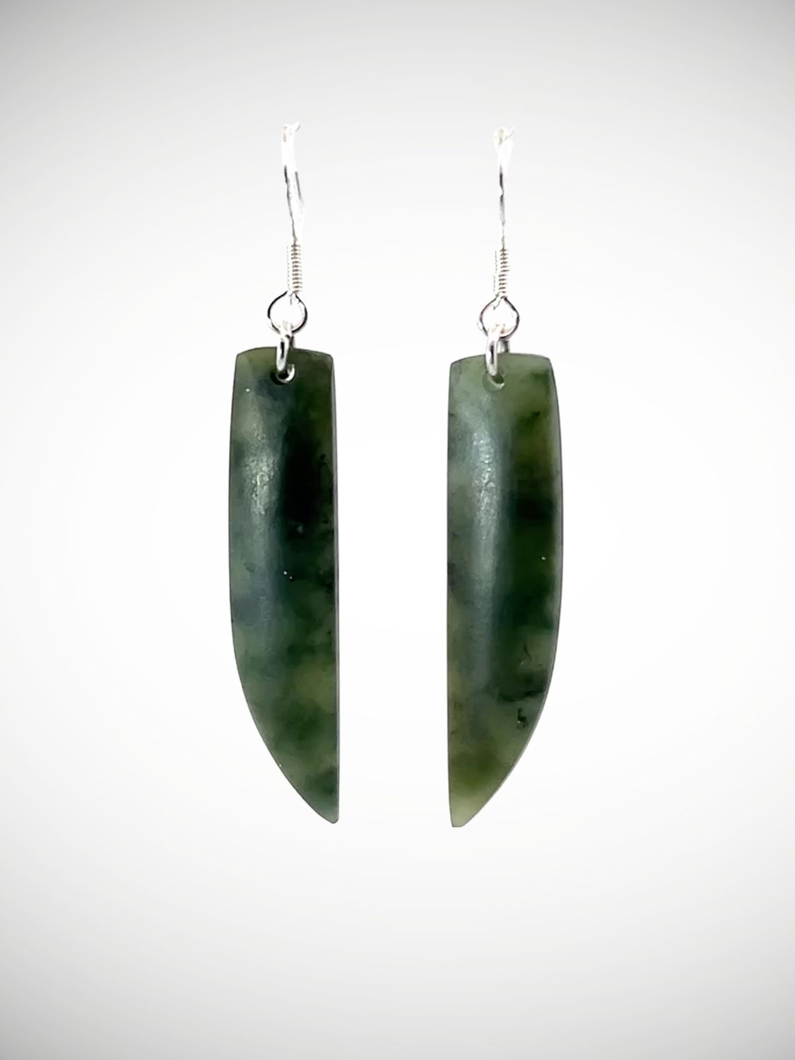Moko Pounamu NZ Inanga Greenstone & Sterling Silver Earrings - Kahikatea