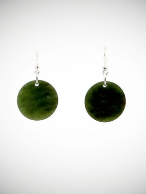Moko Pounamu Porohita (Disc) NZ Genuine Auhunga Greenstone & Sterling Silver Earrings - Kaikakapo