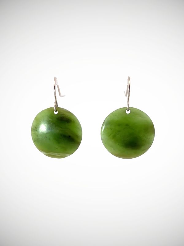 Moko Pounamu Porohita (Disc) NZ Genuine Auhunga Greenstone & Sterling Silver Earrings - Rawaka