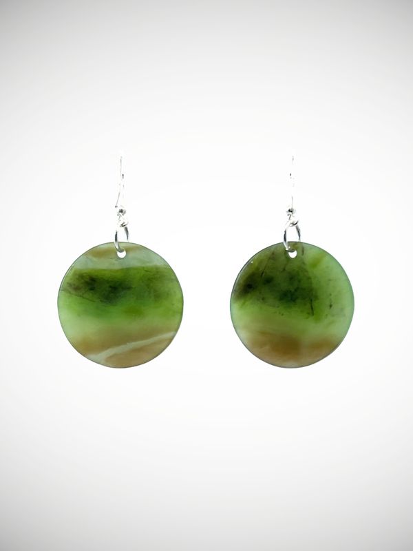 Moko Pounamu Porohita (Disc) NZ Genuine Kahurangi Greenstone & Sterling Silver Earrings - Makatipua