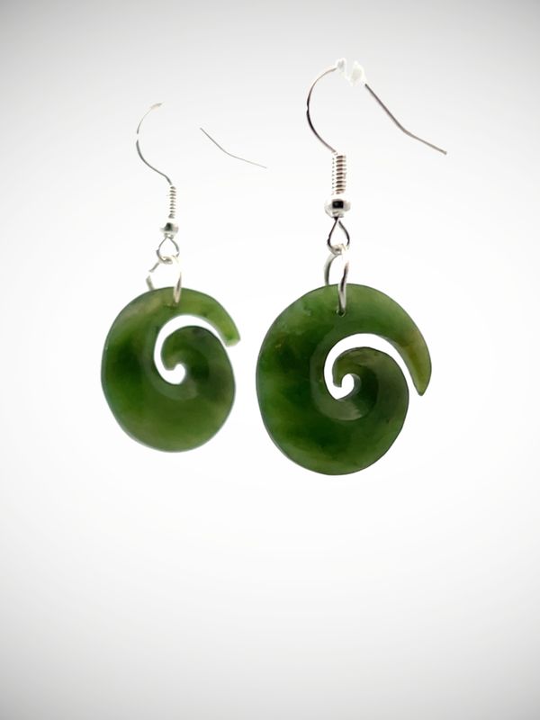 Moko Pounamu Koru NZ Kahurangi Greenstone & Sterling Silver Earrings - Otamatakou
