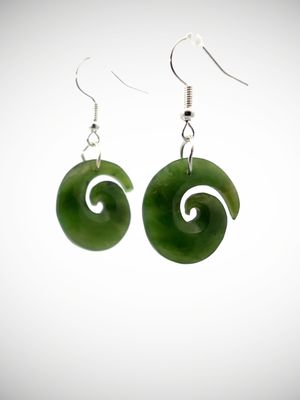 Moko Pounamu Koru NZ Kahurangi Greenstone & Sterling Silver Earrings - Otamatakou