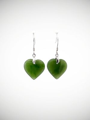 Moko Pounamu Heart Drop NZ Genuine Greenstone and Silver  Earrings HE57