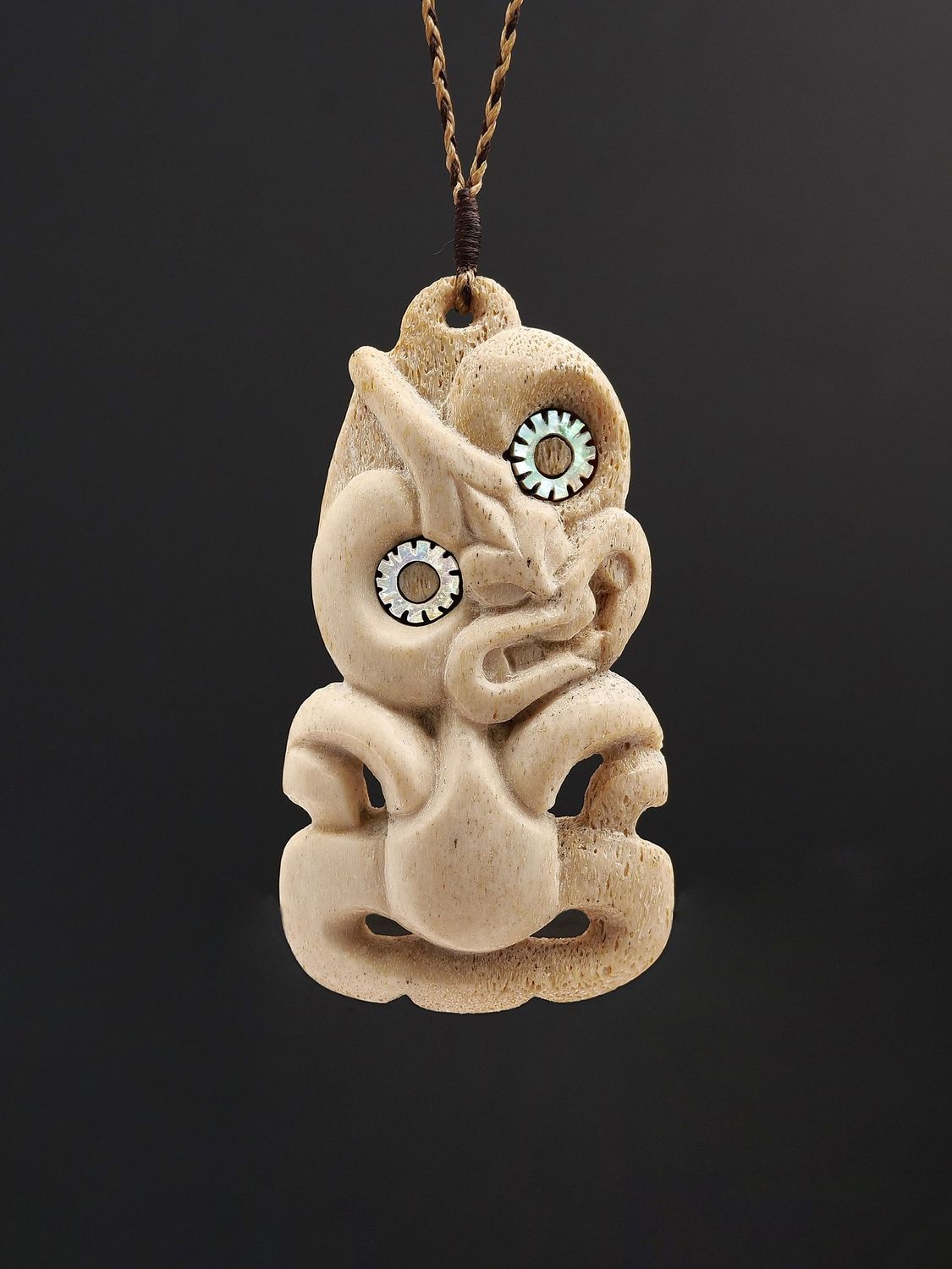 Moko Pounamu Hei Tiki Genuine Whale Bone Carving - Waingaro
