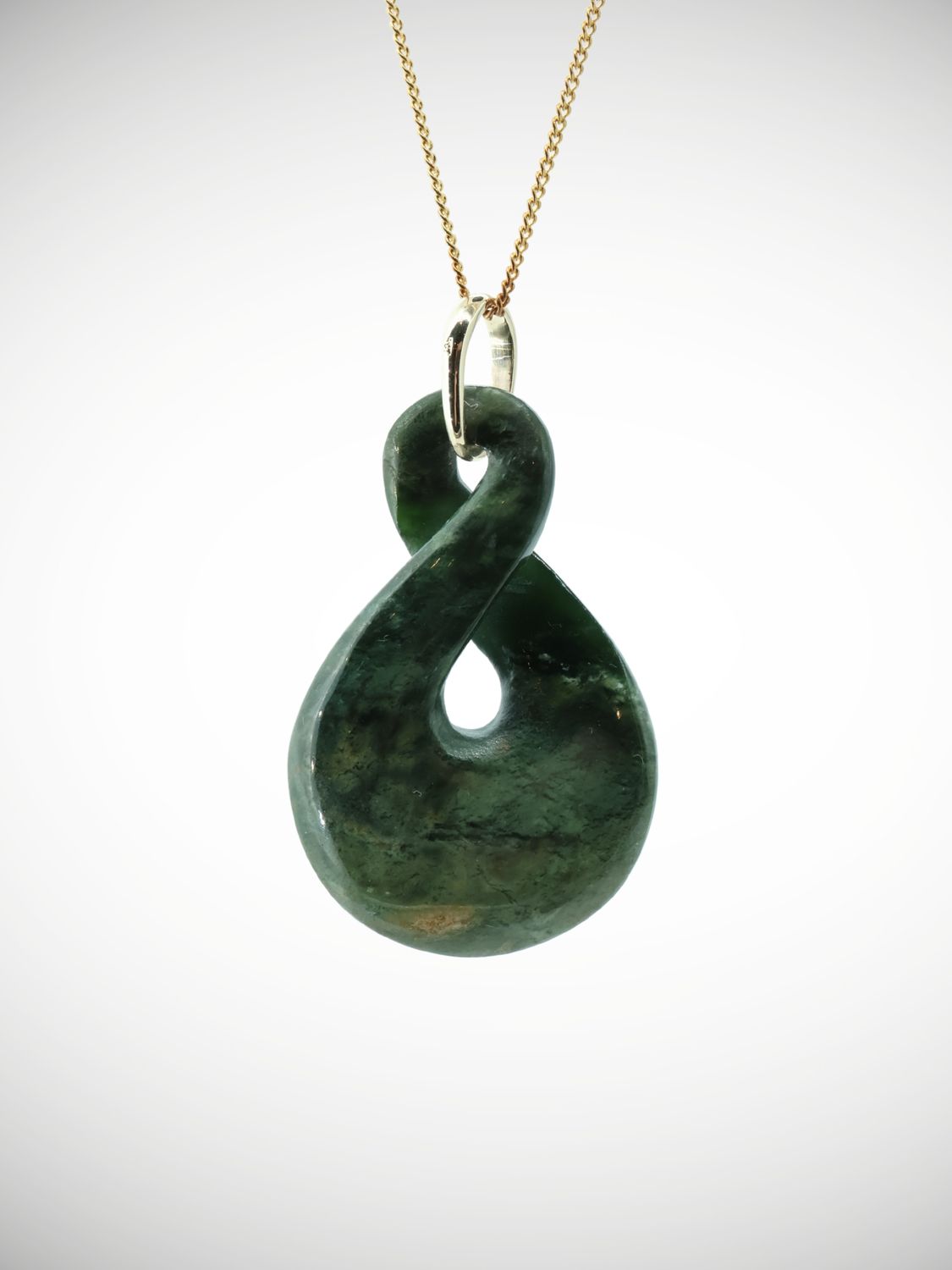 Moko Pounamu Gilt Jewellery Pikorua (Twist) NZ Genuine Kawakawa Flower Greenstone & 9ct Gold - Tunaheketaka