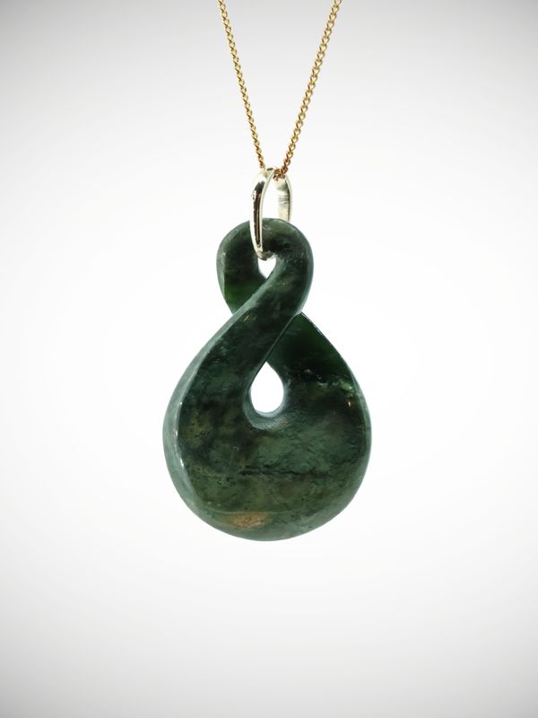Moko Pounamu Gilt Jewellery Pikorua (Twist) NZ Genuine Kawakawa Flower Greenstone & 9ct Gold - Tunaheketaka