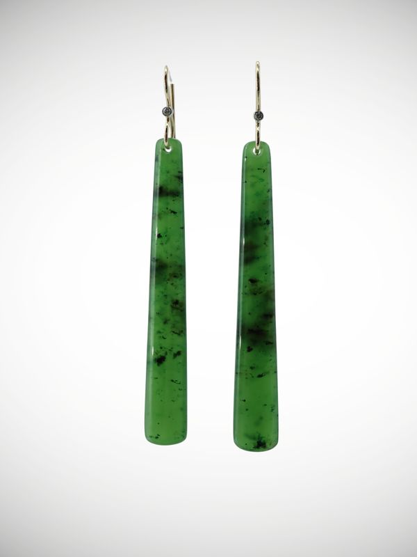 Moko Pounamu  NZ Genuine Kahurangi Greenstone, 9ct Gold & Diamond Earrings - Taramea