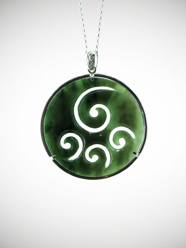 Moko Pounamu Porohita (Disc) Koru NZ Genuine Auhunga Greenstone & Silver - Ounutai
