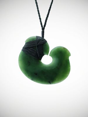 Moko Pounamu Hei Matau (Hook) NZ Genuine Kawakawa Greenstone - Awapikopiko