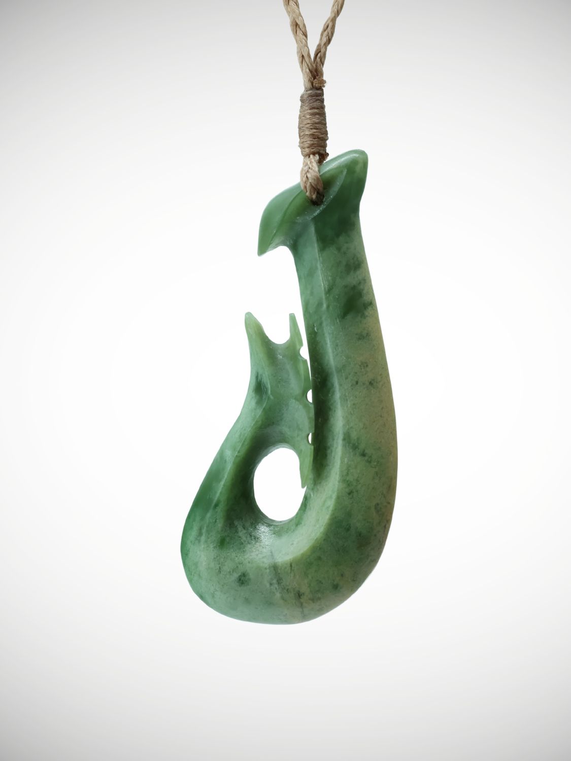 Moko Pounamu Hei Matau NZ Genuine Kahotea Greenstone - Awariki