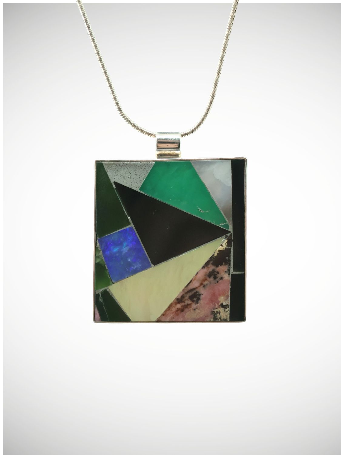 Moko Pounamu Genuine NZ Reversible Multi Stone Mosaic Paua Shell  & Sterling Silver Pendant - Awatoitoi