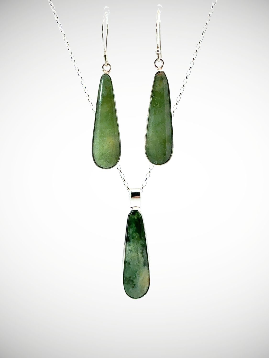 Moko Pounamu Genuine NZ Kahotea Flower Greenstone & Sterling Silver Pendant & Earring Set - Hukerenui