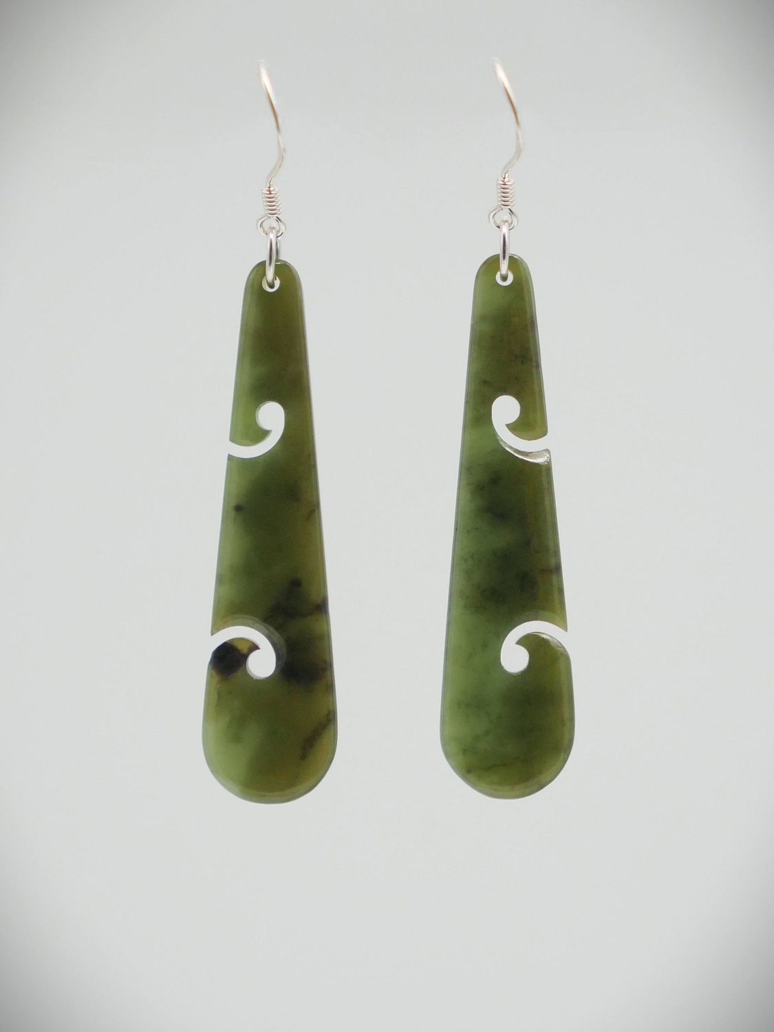 Moko Pounamu NZ Genuine Kawakawa Greenstone & Sterling Silver Earrings with Koru  KDE2