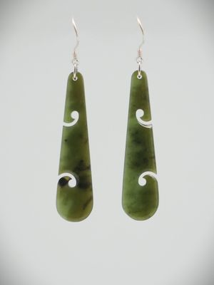 Moko Pounamu NZ Genuine Kawakawa Greenstone & Sterling Silver Earrings with Koru  KDE2