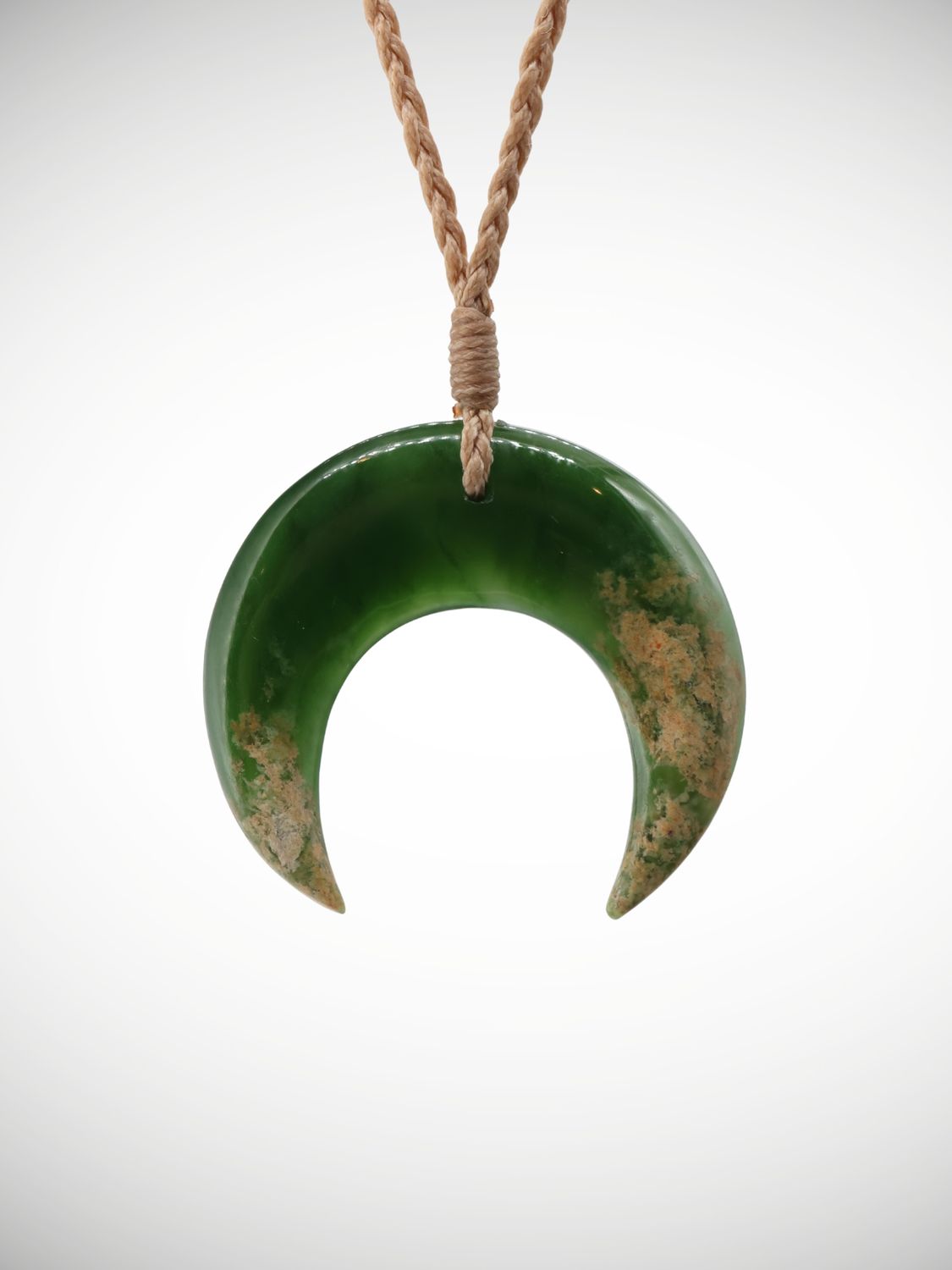 Moko Pounamu Crescent Pendant Genuine NZ Kahurangi Flower Greenstone - Kaimamaku