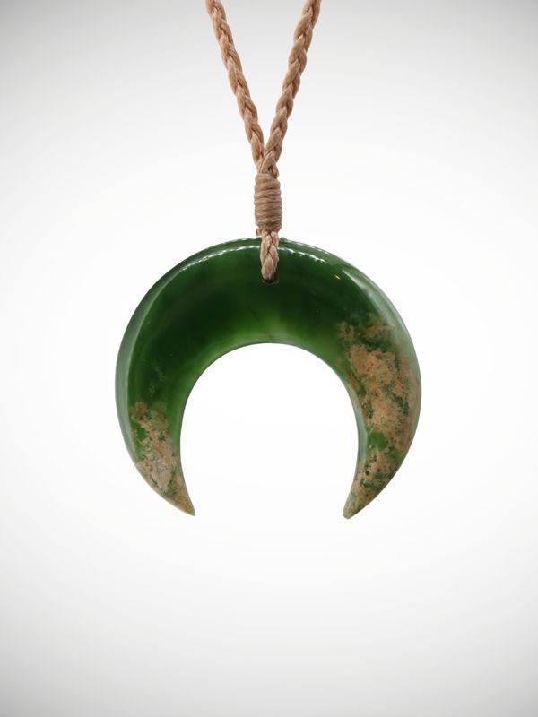 Moko Pounamu Crescent Pendant Genuine NZ Kahurangi Flower Greenstone - Kaimamaku