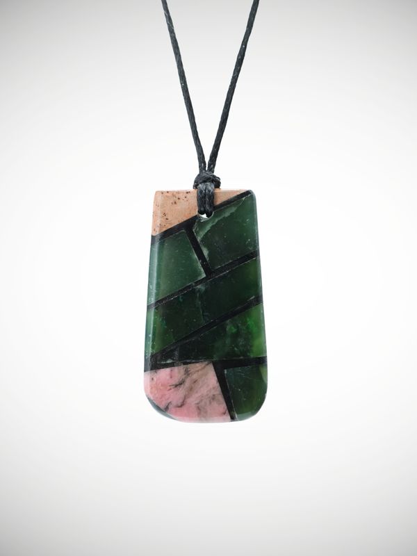Moko Pounamu Reversible Pendant Genuine NZ Paua Shell & Multi Stone - MSP2