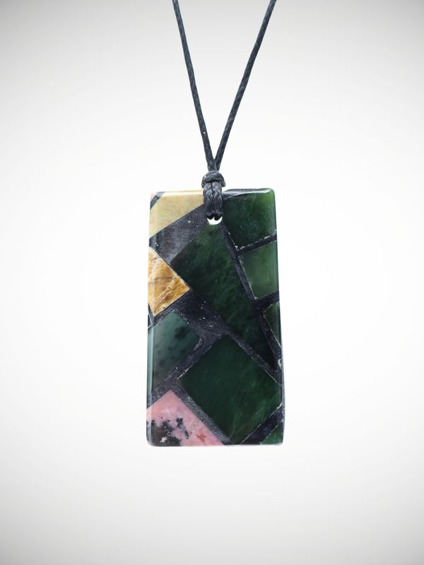 Moko Pounamu Reversible Pendant Genuine NZ Paua Shell & Multi Stone - MSP5