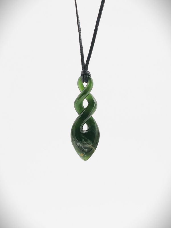 Moko Pounamu Double Pikorua (Twist) NZ Genuine Kawakawa Flower Greenstone - Hauroko