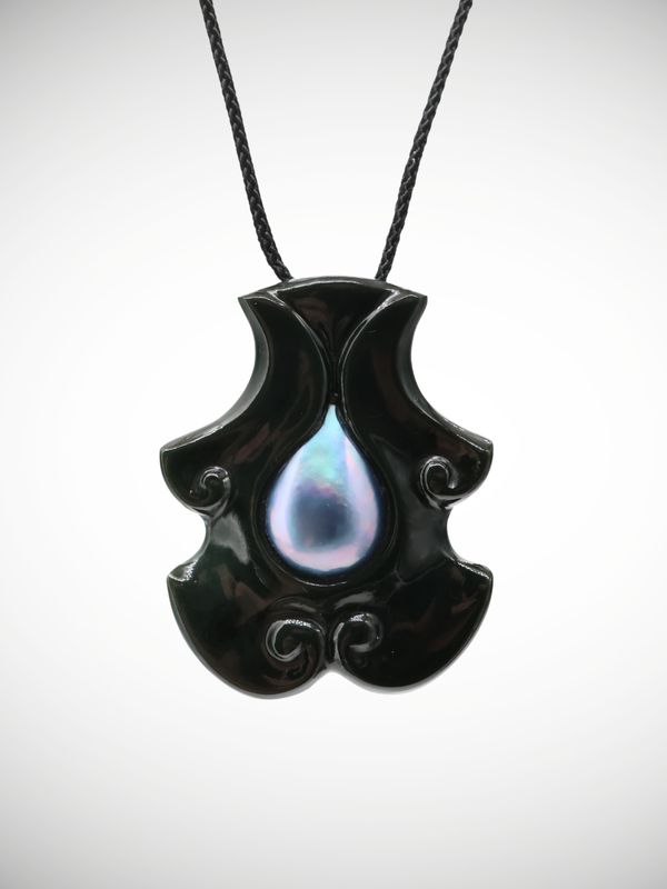 Moko Pounamu Australian Black Jade & Paua Pearl Pendant - Kaiparoro