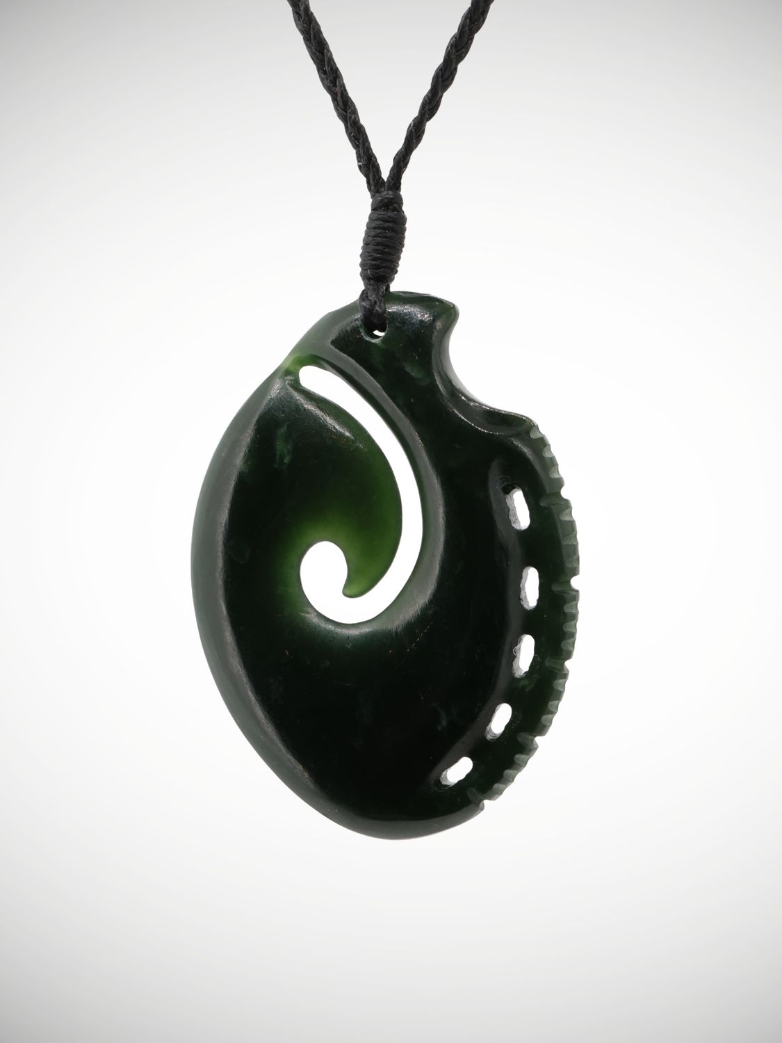 Moko Pounamu Notched Hei Matau NZ Genuine Kawakawa Greenstone - Kaiwaka