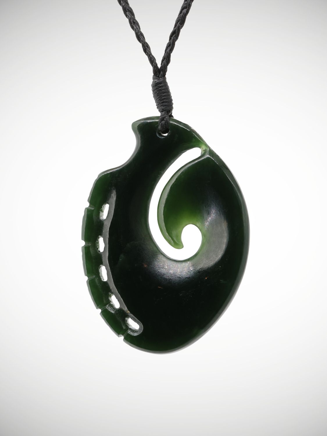 Moko Pounamu Notched Koru NZ Genuine Kawakawa Greenstone - Kaiwaka