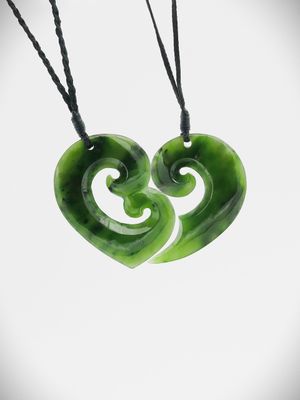 Moko Pounamu Split Heart NZ Genuine Kawakawa Greenstone - Makorori
