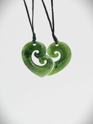 Moko Pounamu Split Heart NZ Genuine Kawakawa Greenstone - Kaiti
