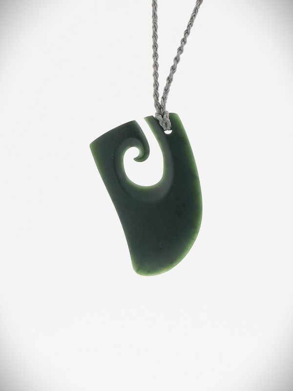 Moko Pounamu Hei Matau (Hook) NZ Genuine Kawakawa Greenstone - Waipori