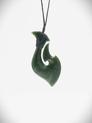 Moko Pounamu Hei Matau (Hook) NZ Genuine Kawakawa Greenstone - Pahi