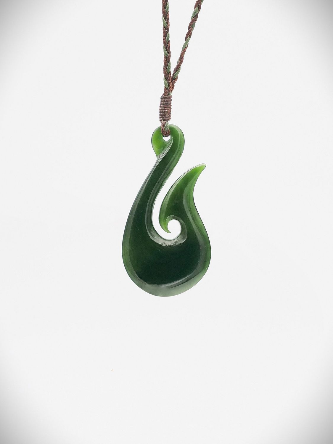 Moko Pounamu Hei Matau (Hook) NZ Genuine Kawakawa Greenstone - Harakeke