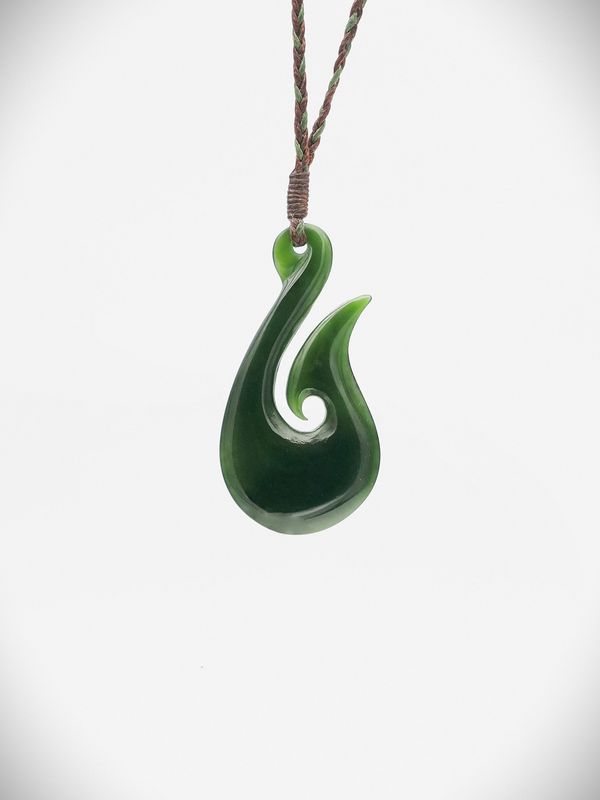 Moko Pounamu Hei Matau (Hook) NZ Genuine Kawakawa Greenstone - Harakeke