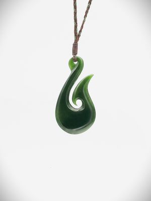 Moko Pounamu Hei Matau (Hook) NZ Genuine Kawakawa Greenstone - Harakeke